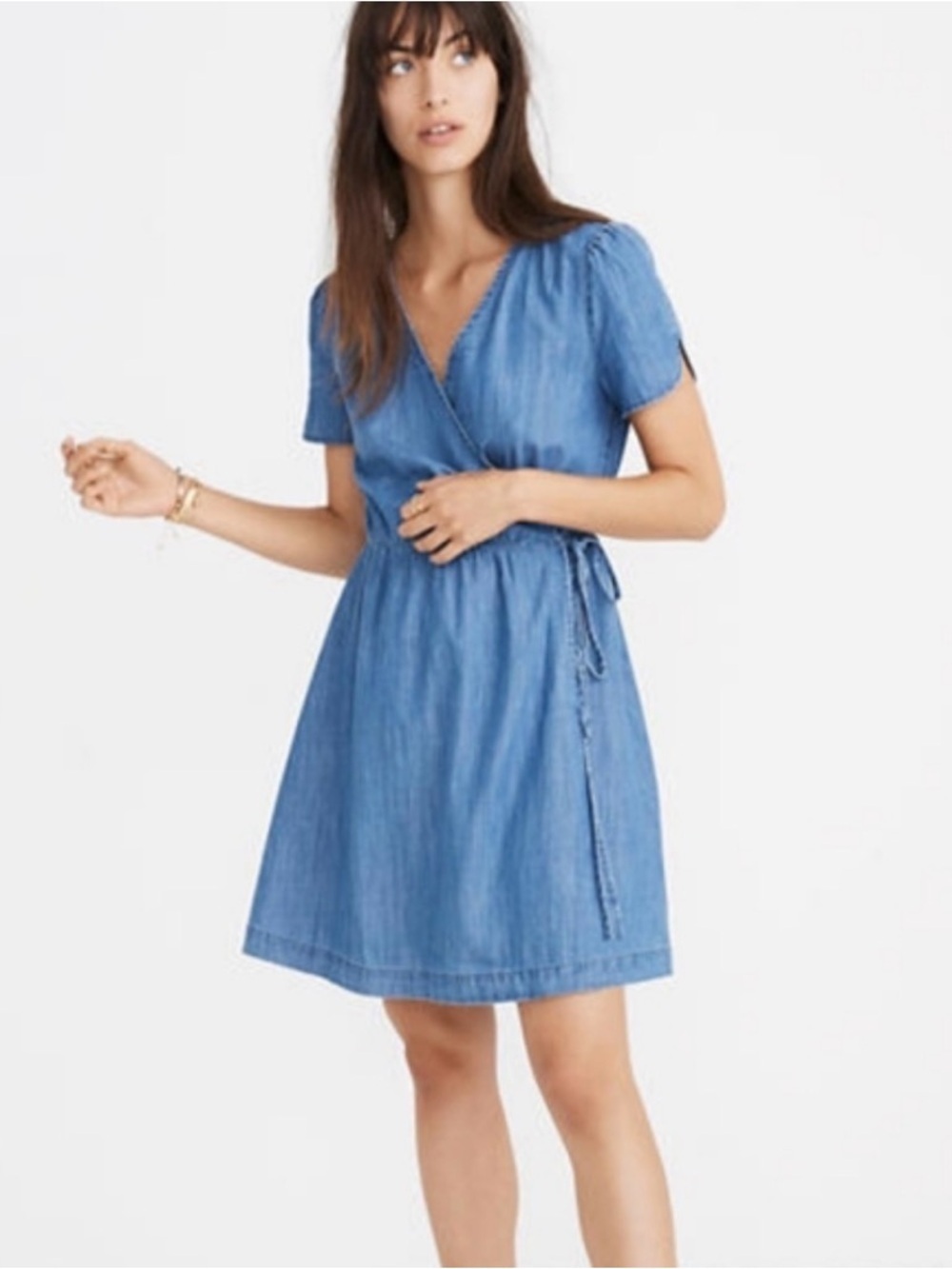Madewell Denim Wrap Dress Chambray Mini Blue XS Boho Aesthetic Tulip Sleeve